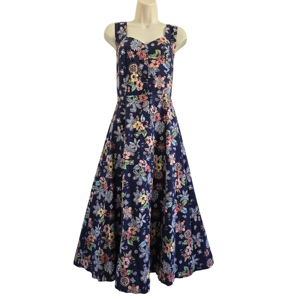Vintage Laura Ashley Navy Floral Midi Dress-US 6 Open Cross Back Cottage Classic